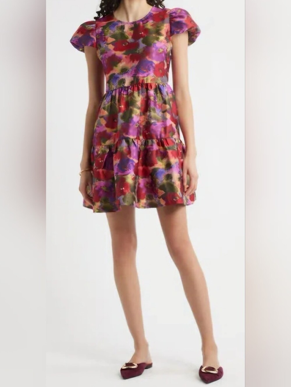 Chelsea28 Puff Sleeve Floral Jacquard Tiered Dress